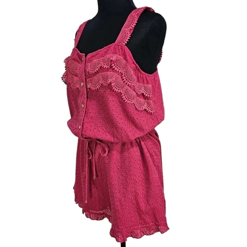 NWT Sperry Cotton Button Down Eyelet & Lace Drawstring Waist Romper Pink Red L
